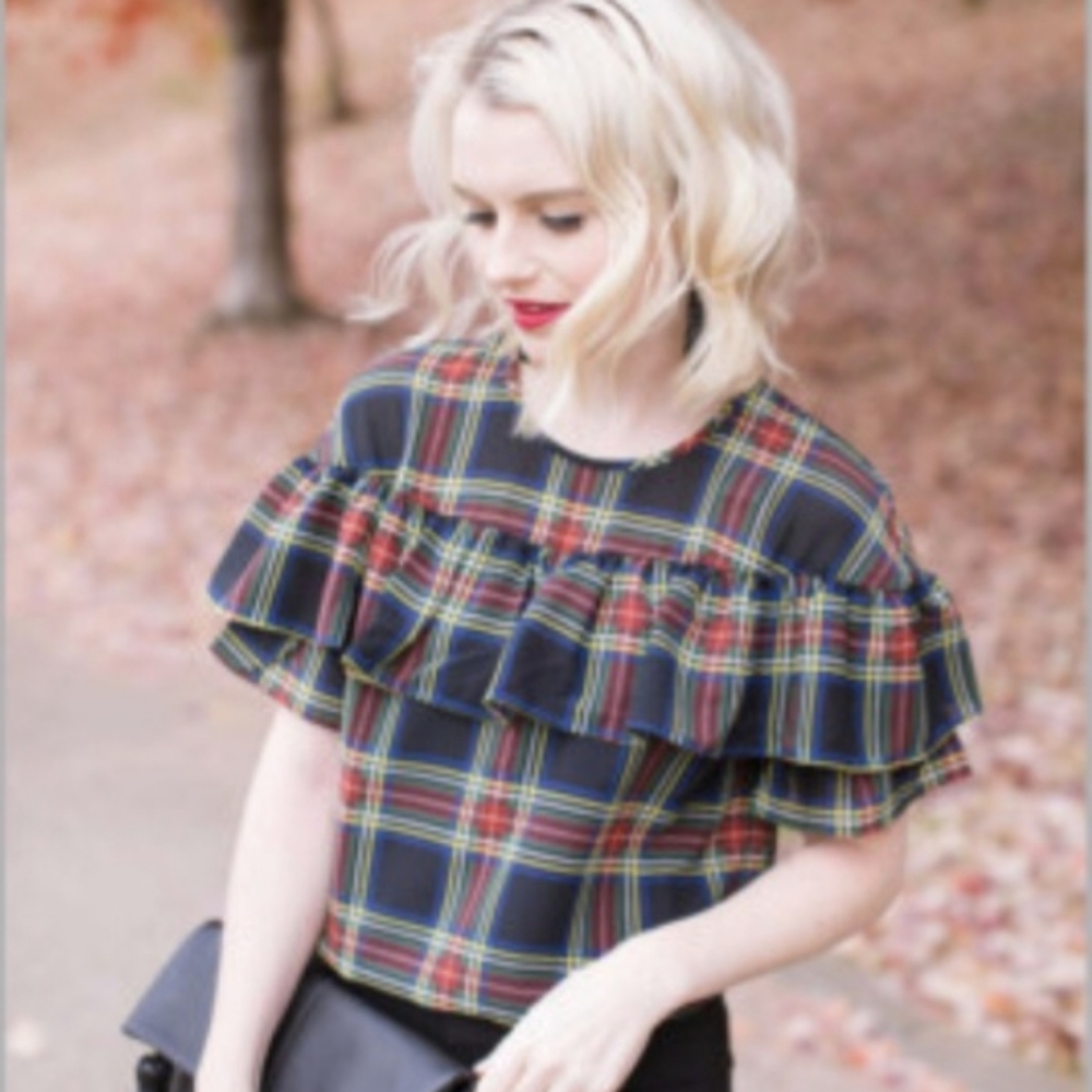 J. Crew Stewart Plaid RuffleTop Blouse Size 8 Holiday Festive